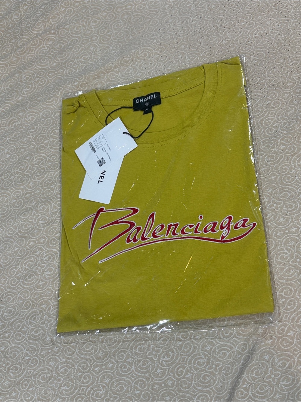 CHANEL Yellow Graphic Men’s T-Shirt with Red Balenciaga Script